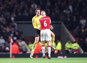 Manuel Almunia and Philippe Senderos celebrate Arsenals 3rd scored by goal by Tomas Rosicky