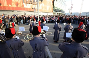 A marching band perform outside the stadium before the match. Arsenal 1:0 Everton A marching band perform outside the stadium before the match. Arsenal 1:0 Everton