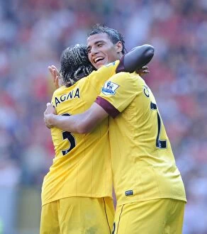 Images Dated 15th August 2010: Marouane Chamakh and Bacary Sagna celebrate the Arsenal goal. Liverpool 1: 1 Arsenal