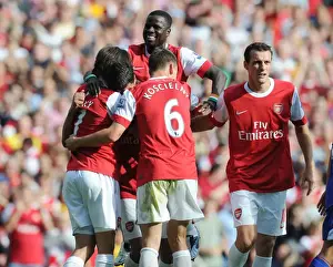 Arsenal V Bolton Wanderers 2010-11 Prints: Marouane Chamakh celebrates scoring the 2nd Arsenal goal with Tomas Rosicky