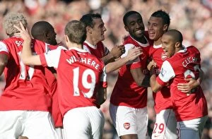 Images Dated 16th October 2010: Marouane Chamakh celebrates scoring Arsenals 2nd goal with his team mates including Johan Djourou