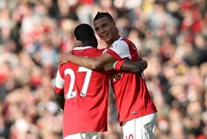 Arsenal v Birmingham City 2010-11 Collection: Marouane Chamakh celebrates scoring Arsenals 2nd goal with Emmanuel Eboue