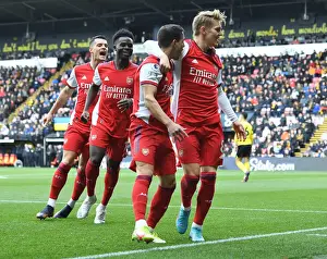 Martin Odegaard and Team Celebrate First Goal: Arsenal's Victory at Watford (2021-22)