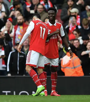 Martinelli and Saka Celebrate First Goal: Arsenal vs. Crystal Palace, Premier League 2022-23