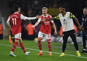 Martinelli, Zinchenko, and Marquinhos Celebrate Arsenal's Second Goal vs. Wolverhampton Wanderers (2022-23)
