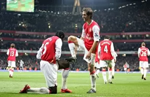 Mathieu Flamini celebrates scoring the 2nd Arsenal goal with Emmanuel Adebayor