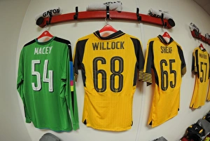 Nottingham Forest V Arsenal EPL Cup 3rd Round 2016-17 Prints: Matt Macey, Chris Willock and Ben Sheaf (Arsenal) shirts in the changingroom