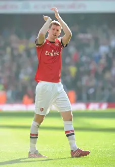 Arsenal V Everton - FA Cup 2014 Prints: Per Mertesacker Celebrates with Arsenal Fans after FA Cup Quarter-Final Victory over Everton