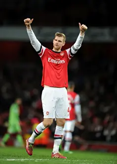 Arsenal V Fulham 2013-14 Prints: Per Mertesacker Celebrates Arsenal's Victory Over Fulham (2013-14)