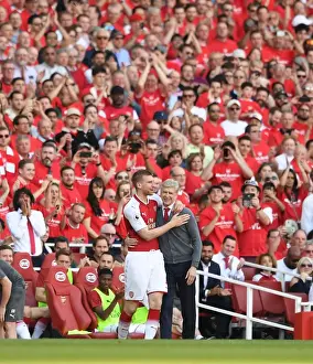Arsenal V Burnley 2017-18 Prints: Mertesacker Embraces Wenger: A Heartfelt Moment between Player and Manager (Arsenal v Burnley)