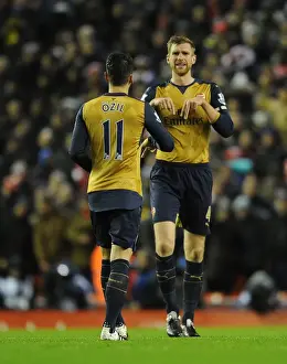 Liverpool V Arsenal 2015-16 Prints: Mertesacker Guides Ozil: Intense Moment of Strategic Discussion between Arsenal Players during Liverpool vs