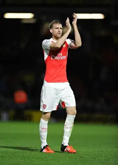 Watford V Arsenal 2015/16 Prints: Per Mertesacker's Triumphant Moment with Arsenal Fans after Watford Victory