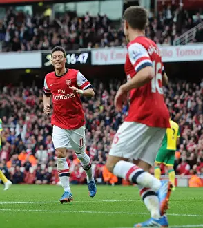 Arsenal V Norwich City 2013-14 Prints: Mesut Ozil and Aaron Ramsey Celebrate Goals: Arsenal vs Norwich City, 2013-14