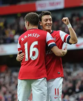 Arsenal V Norwich City 2013-14 Prints: Mesut Özil and Aaron Ramsey: Celebrating Goals for Arsenal against Norwich City, 2013-14