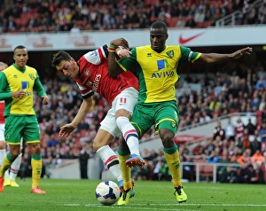 Arsenal v Norwich City 2013-14 Collection: Mesut Ozil (Arsenal) Sebatien Bassong (Norwich). Arsenal 4: 1 Norwich City. Barclays Premier League