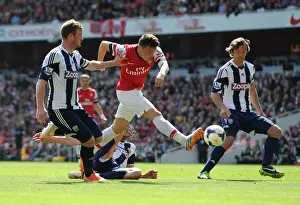 Arsenal V West Bromwich Albion 2013-14 Prints: Mesut Ozil Faces Off Against Chris Brunt and Diego Lugano: Arsenal vs West Bromwich Albion