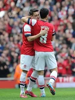 Arsenal V Everton - FA Cup 2014 Prints: Mesut Ozil and Mikel Arteta Celebrate Arsenal's First Goal Against Everton in FA Cup Quarter-Final