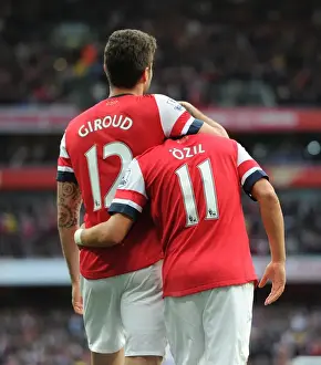 Arsenal V Norwich City 2013-14 Prints: Mesut Ozil and Olivier Giroud Celebrate Arsenal's Victory: Arsenal v Norwich City