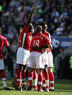 Adebayor Emmanuel Collection: Mikael Silvestre celebrates scoring Arsenals 2nd goal