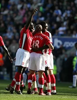 Adebayor Emmanuel Collection: Mikael Silvestre celebrates scoring Arsenals 2nd goal