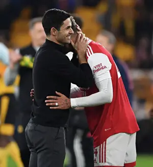Mikel Arteta and Ben White Celebrate Arsenal's Win at Wolverhampton Wanderers (2022-23)