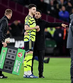 West Ham United V Arsenal - Carabao Cup 2023-24 Prints: Mikel Arteta Consoles Substituted Declan Rice: West Ham United vs