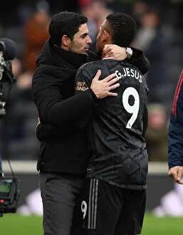 Images Dated 12th March 2023: Mikel Arteta and Gabriel Jesus: A Heartwarming Embrace at Fulham vs Arsenal, Premier League 2022-23