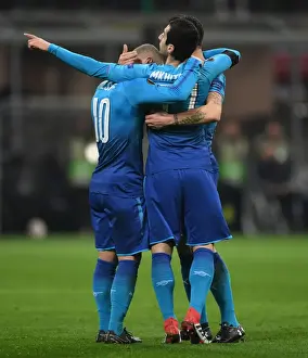 AC Milan V Arsenal 2017-18 Prints: Mkhitaryan, Wilshere, Xhaka: Arsenal's Goal Celebration in AC Milan's San Siro