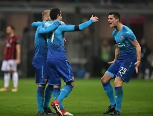 AC Milan V Arsenal 2017-18 Prints: Mkhitaryan, Wilshere, and Xhaka: Celebrating Arsenal's First Goal Against AC Milan in Europa League
