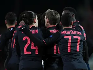 Ostersunds V Arsenal 2017-18 Prints: Monreal, Mkhitaryan, and Bellerin Celebrate Arsenal's First Goal Against Ostersunds FK