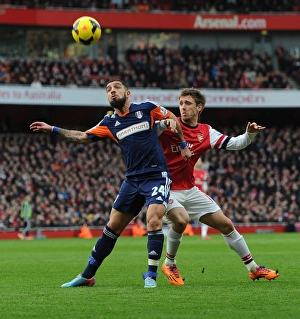 Arsenal V Fulham 2013-14 Prints: Monreal Stands Firm Against Dejagah: Arsenal vs Fulham, Premier League 2013-14