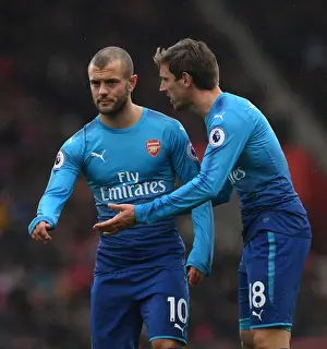 Southampton V Arsenal 2017-18 Prints: Monreal and Wilshere: Focused on the Ball in Southampton v Arsenal Premier League Clash