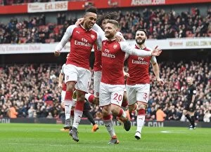 Images Dated 11th March 2018: Mustafi and Aubameyang Celebrate Arsenal's First Goal Against Watford (2017-18)