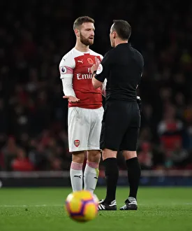 Arsenal V Wolverhampton Wanderers 2018-19 Prints: Mustafi Confronts Referee Attwell During Arsenal vs. Wolverhampton Clash (2018-19)
