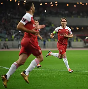 Nacho Monreal Celebrates Arsenal's First Goal Against Qarabag FK in Europa League Match