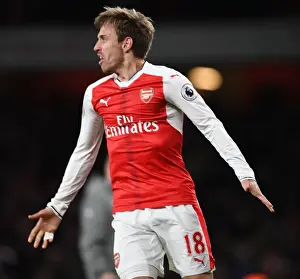 Arsenal V Leicester City 2016-17 Prints: Nacho Monreal's Euphoric Moment: Thrilling Arsenal Goal vs Leicester City (2016-17)