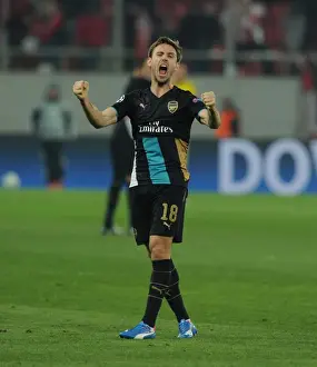 Olympiacos V Arsenal 2015-16 Prints: Nacho Monreal's Exuberant Celebration: Arsenal's UEFA Champions League Victory over Olympiacos