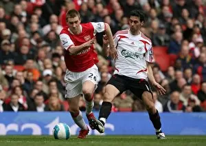 Images Dated 5th April 2008: Nicklas Bendtner (Arsenal) Alvaro Arbeloa (Liverpool)