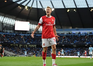 Manchester City v Arsenal 2010-11 Collection: Nicklas Bendtner celebrates scoring the 3rd Arsenal goal. Manchester City 0: 3 Arsenal