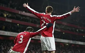 Arsenal V Bolton Wanderers 2008-09 Prints: Nicklas Bendtner celebrates scoring Arsenals goal with Bacary Sagna