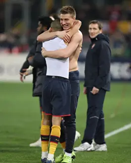 AS Roma V Arsenal 2008-9 Prints: Nicklas Bendtner & Gael Clichy (Arsenal) celebrate after the match