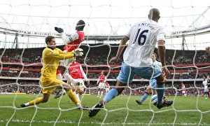 Nicklas Bendtner shoots past Aston Villa goalkeeper Scott Carson and defender Zat Knight to score the Arsenal goal. Arsenal 1: 1 Aston Villa, Barclays Premier League, Emirates Stadium, 1 / 3 / 2008. Credit : Stuart MacFarlane / Arsenal
