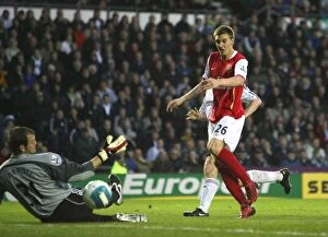 Derby County v Arsenal 2007-8 Collection: Nicklas Bendtner shoots past Derby goalkeeper Roy Carroll to score the 1st Arsenal goal