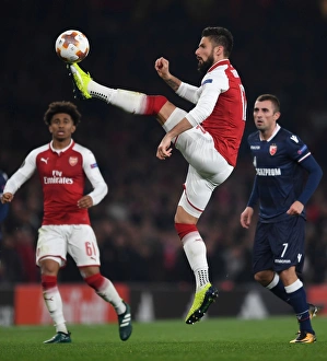 Olivier Giroud in Action for Arsenal against Red Star Belgrade, UEFA Europa League 2017-18