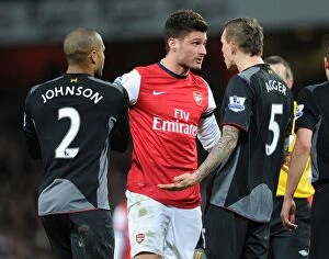 Images Dated 30th January 2013: Olivier Giroud (Arsenal) Glen Johnson and Daniel Agger (Liverpool). Arsenal 2: 2 Liverpool