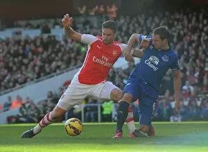 Olivier Giroud (Arsenal) Phil Jagielka (Everton). Arsenal 2: 0 Everton. Barclays Premier League