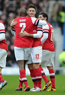 Olivier Giroud celebrates scoring Arsenals 1st goal with Abou Diaby. Brighton & Hove Albion 2