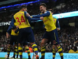 Manchester City V Arsenal 2014-15 Prints: Olivier Giroud and Francis Coquelin Celebrate Arsenal's Goals Against Manchester City (2014-15)