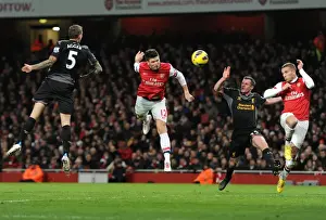 Arsenal V Liverpool 2012-13 Prints: Olivier Giroud scores Arsenal 1st goal as he gets between Daniel Agger and Jamie Carragher