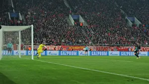 Olympiacos V Arsenal 2015-16 Prints: Olivier Giroud Scores the Game-Winning Goal Past Roberto